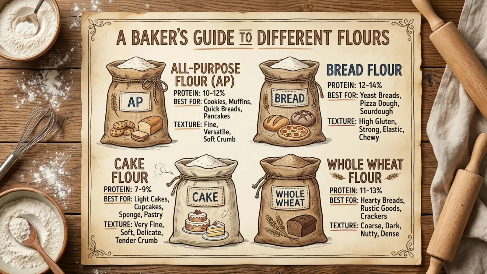 Official Nano Banana 2.1 infographic comparing different baking flours with labeled sacks